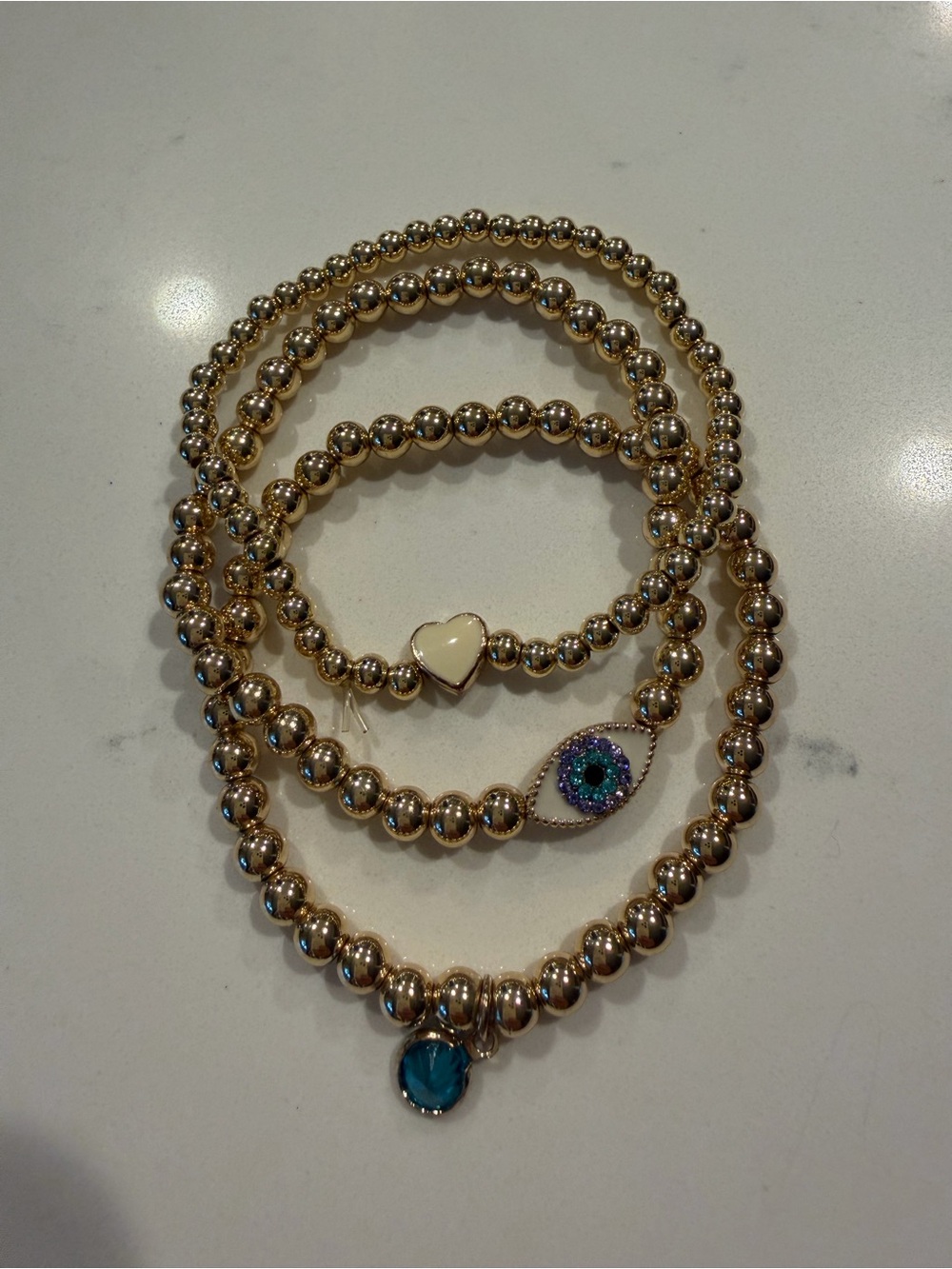 BaubleBar Gold Beaded Charm Bracelet Set with Blue and Cream Accents